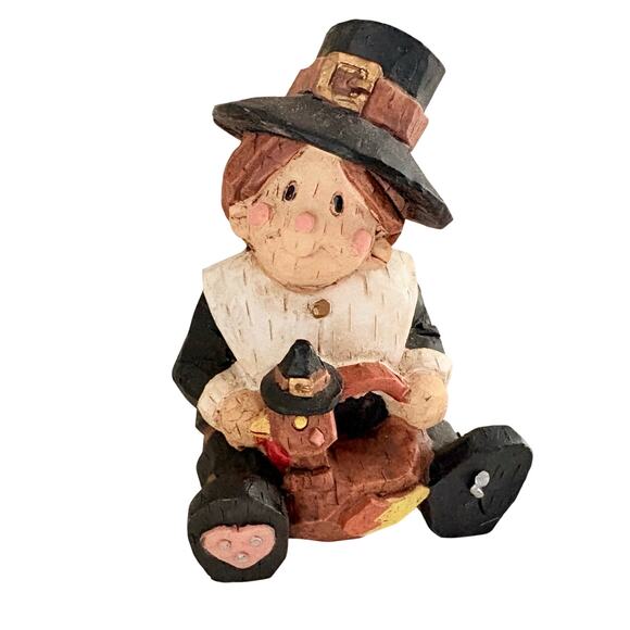 Thanksgiving Pilgrim Figurine 5" Three Hands Corp W/Turkey Fall Decor Boxed 1998 - Picture 1 of 4